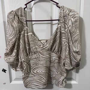 Open Edit‎ Puff Sleeve Blouse Womens Medium Tan Swirl Print Excellent Smocked